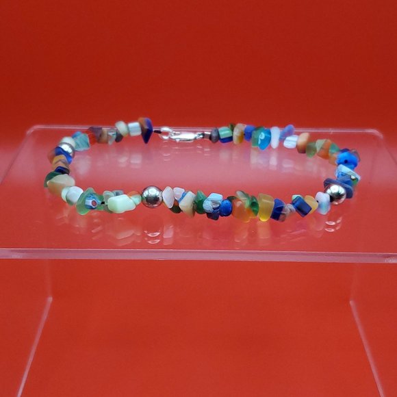 9 Inch 925 Sterling Silver Beautiful Many Colorful Stone Chips Ankle Bracelet - Picture 1 of 6